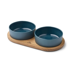 DogCopenhagen Kronborg Egetræs Foderbar med 2 Skåle Petrol Blue & Oak